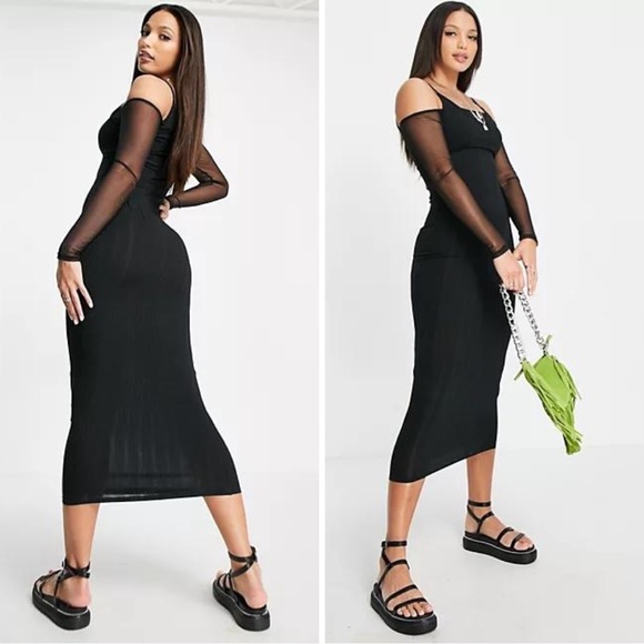 Topshop Tall mesh off the shoulder rib cut out dress in black 🖤 XL / 14 🖤 BNWT - Picture 2 of 14